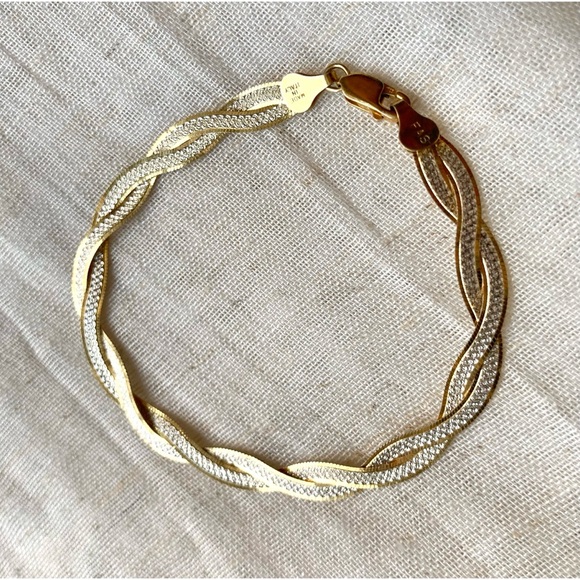 Two-Toned 925 Sterling Silver & Gold Overlay Bracelet Flat Herringbone Twist - Picture 3 of 13
